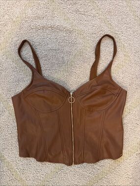 GUESS Brown Faux Leather Corset Crop Top Gold Zip Bustier Vegan Leather Large
